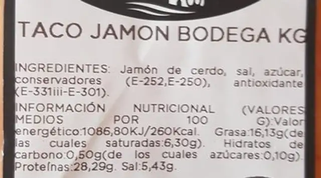 Jambon Curado ingredients label