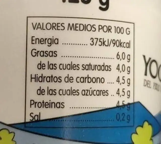 Yogur de oveja nutrition facts table