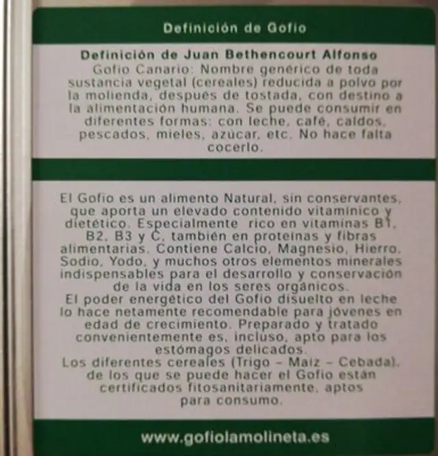 Gofio nutrition facts table