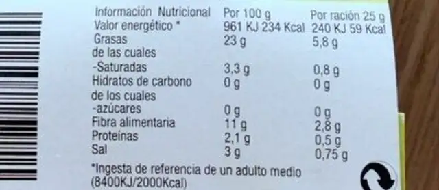 Olivada nutrition facts table