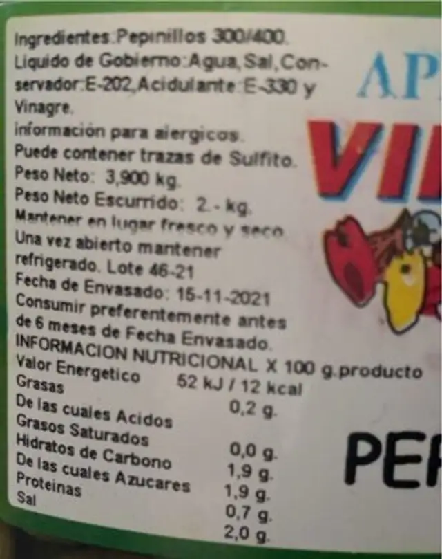 Pepinillos nutrition facts table