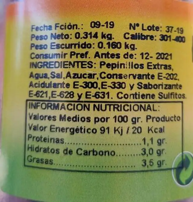 Pepinillos extras nutrition facts table