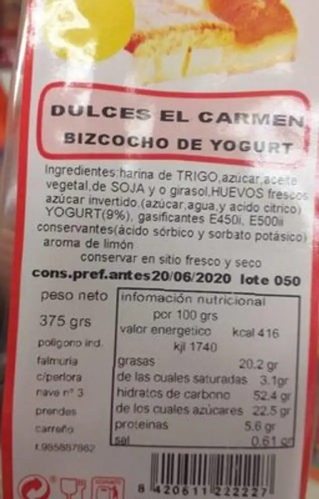 BIZCOCHO DE YOGURT nutrition facts table