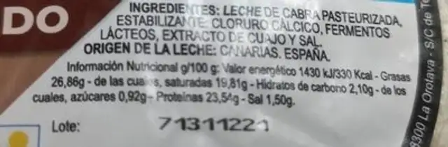 Queso curado Benijos nutrition facts table