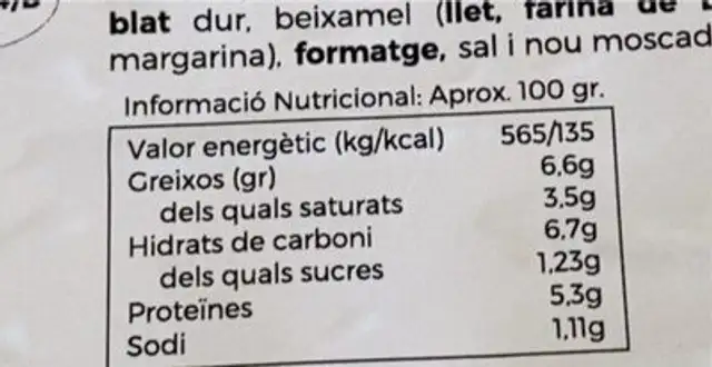 Canelons casolans nutrition facts table