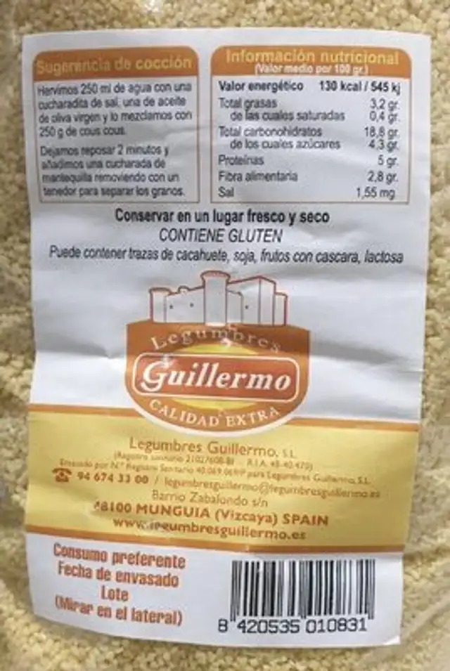 Cous Cous nutrition facts table