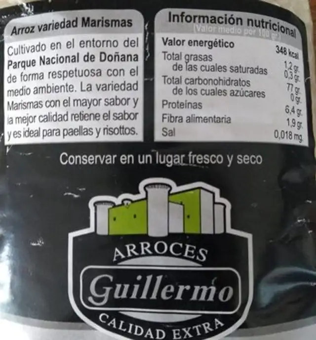 Arroz blanco nutrition facts table