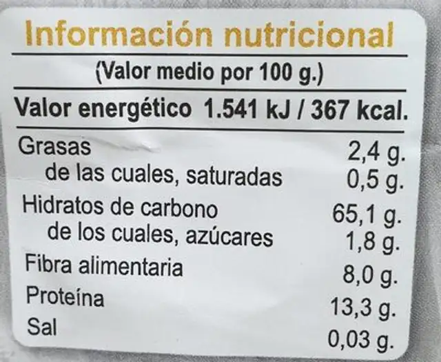 Harina de teff nutrition facts table