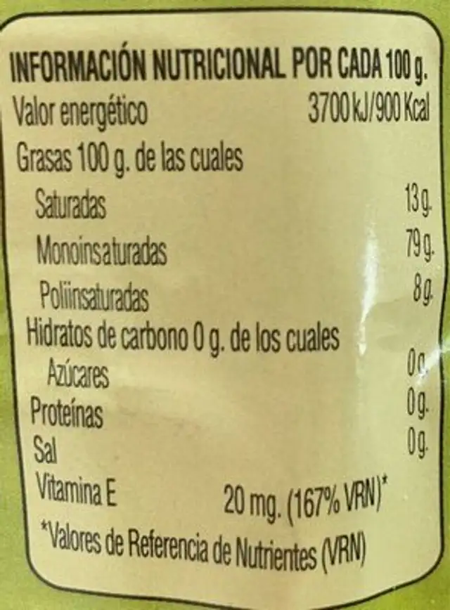 Aceite de oliva nutrition facts table
