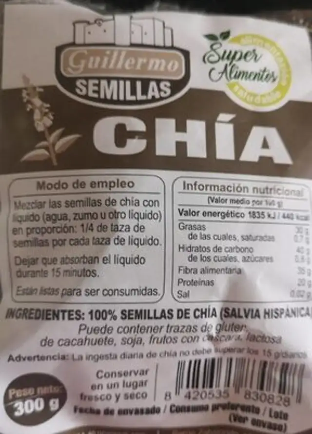Semillas de chía nutrition facts table