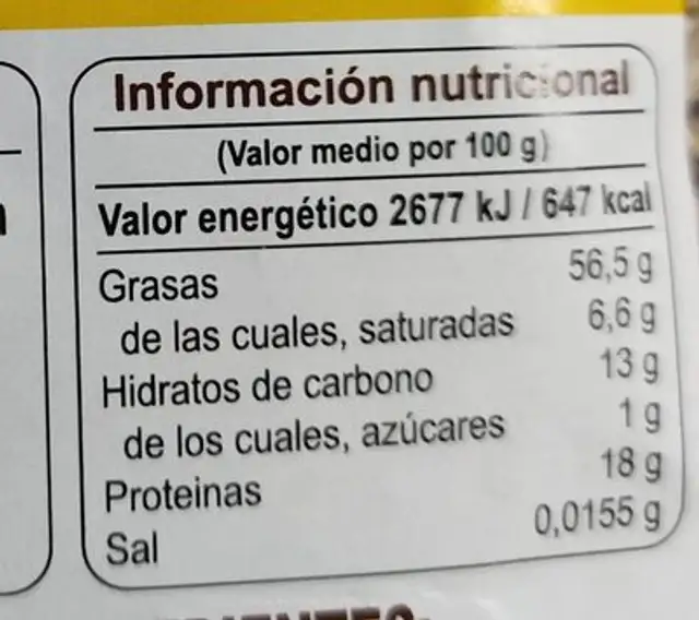 Semillas de Girasol nutrition facts table