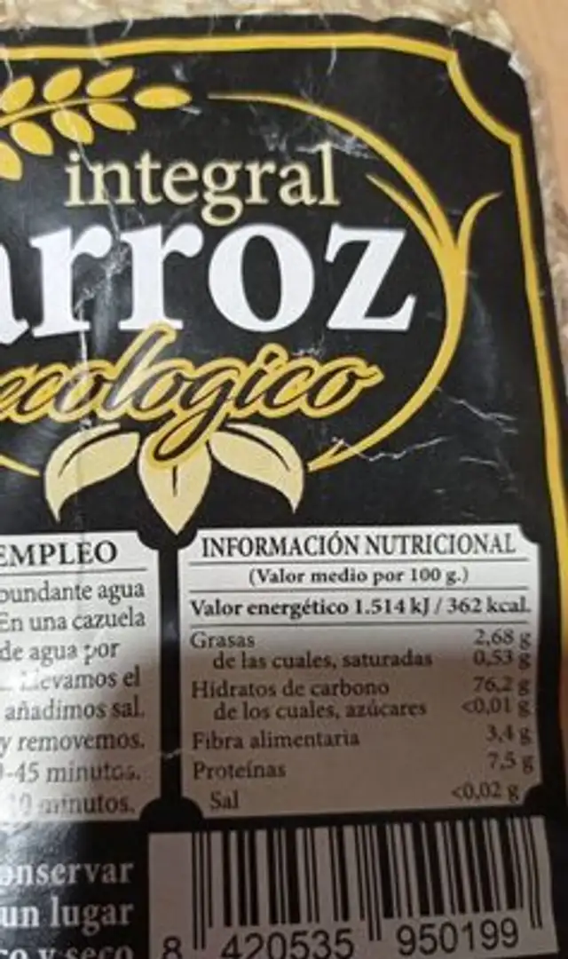 Arroz integral ecológico nutrition facts table
