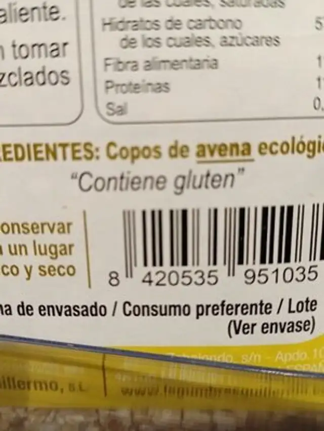 Copos de Avena ingredients label