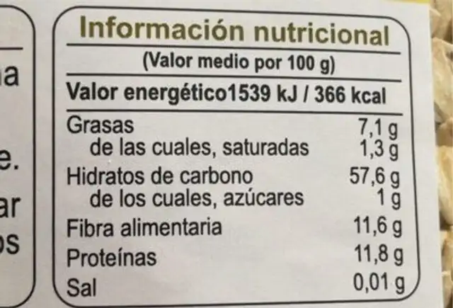 Copos de Avena nutrition facts table