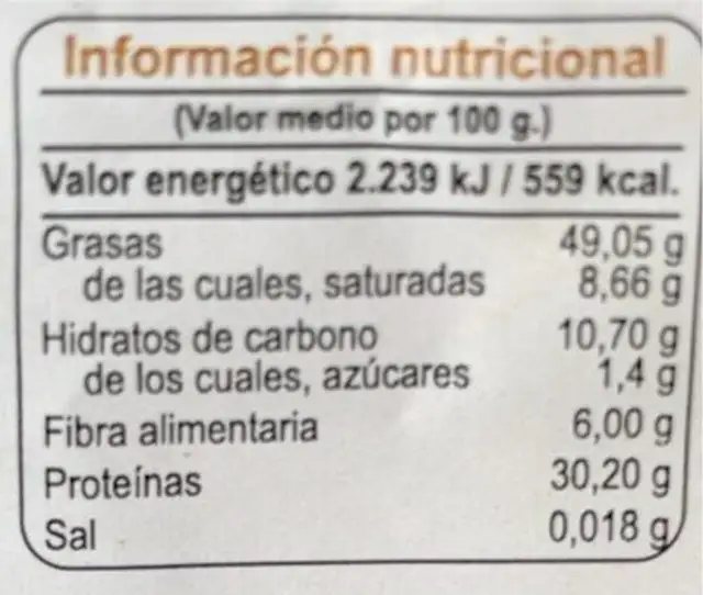 Semillas de calabaza nutrition facts table