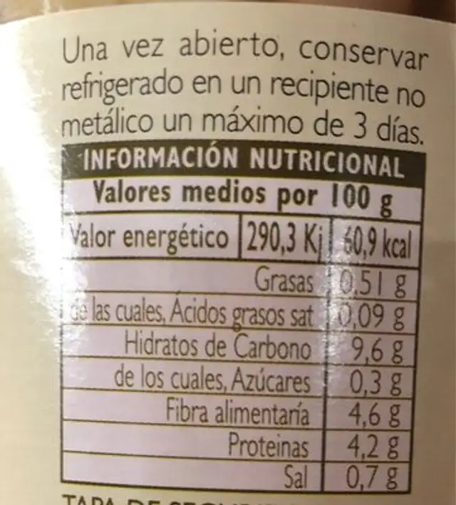 Alubias blancas cocidas con alga kombu y verduras nutrition facts table