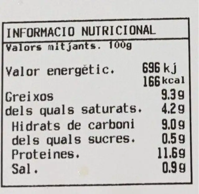 Canelons beixamel nutrition facts table