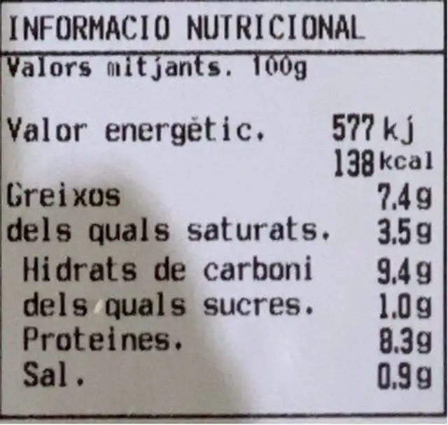 Lasanya nutrition facts table
