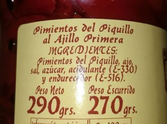 Poivrons ingredients label