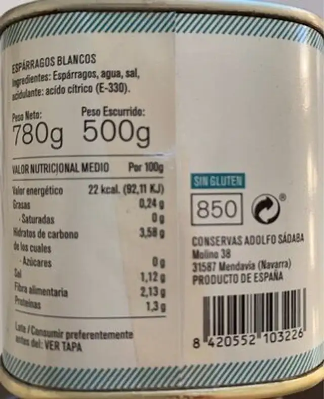 Esparragos blancos extra nutrition facts table