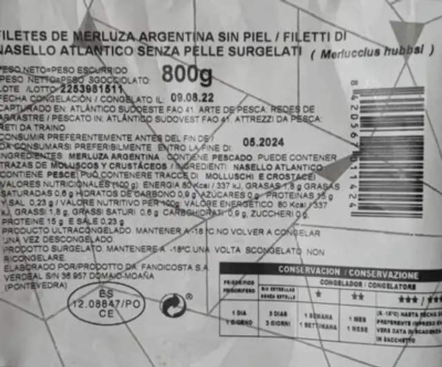 Filetes de merluza nutrition facts table