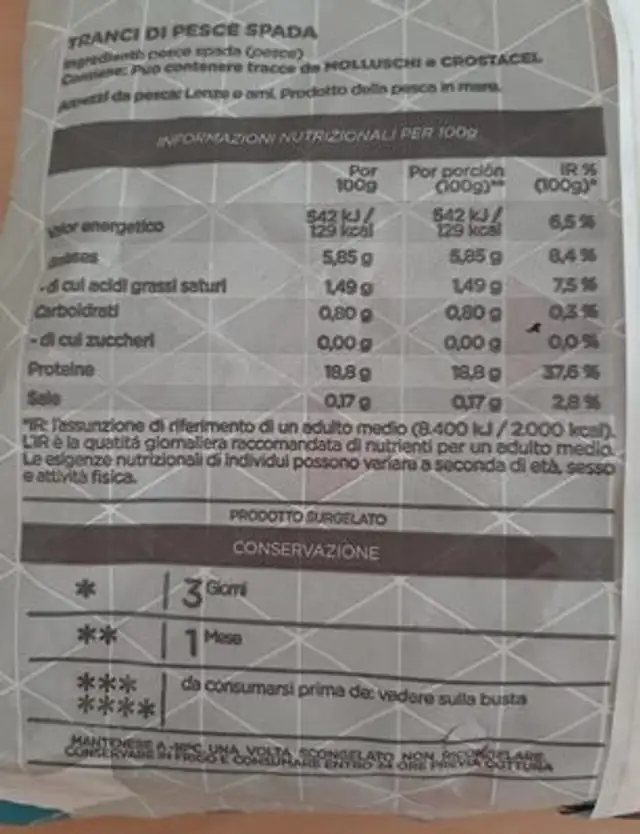 Tranci di pesce spada nutrition facts table