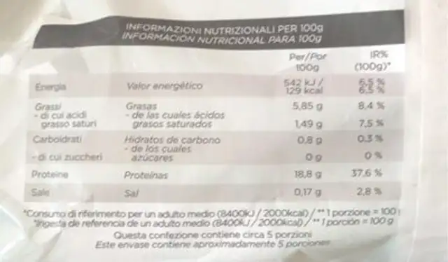 Tranci di pesce spada nutrition facts table
