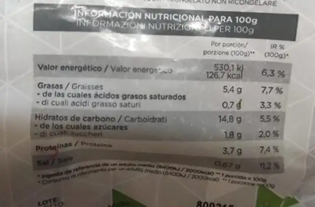 Tempura de verduras con cola de gambón nutrition facts table