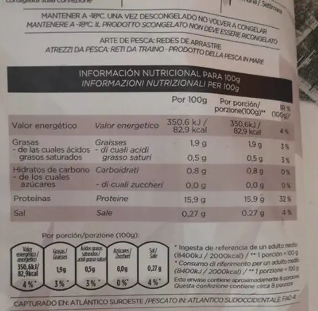 Filete de merluza Argentina sin piel nutrition facts table