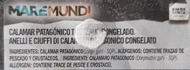 Calamar patagónico troceado ingredients label