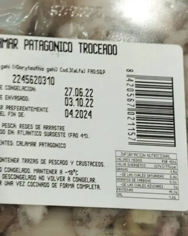 Calamar patagónico troceado nutrition facts table