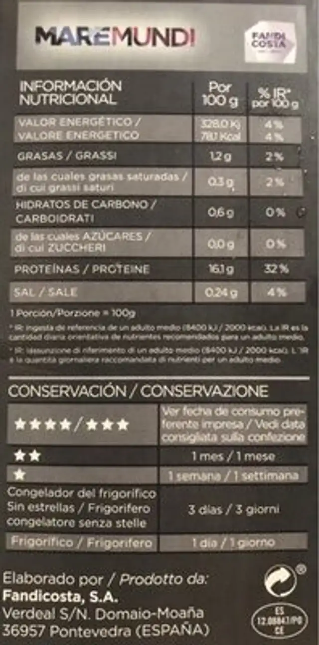 Lomos y Centros de Merluza del Cabo nutrition facts table