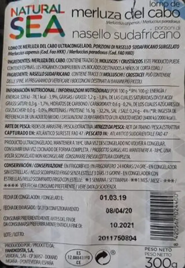 Lomo de merluza del cabo nutrition facts table