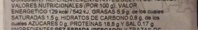Rodajas de pez espada congeladas nutrition facts table