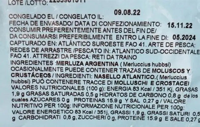 Filete de merluza argentina sin piel nutrition facts table