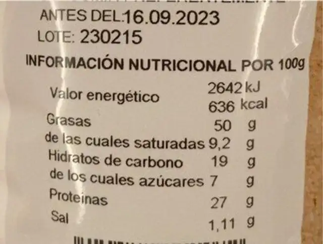 Cacahuate nutrition facts table