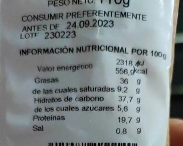 Frutos secos nutrition facts table