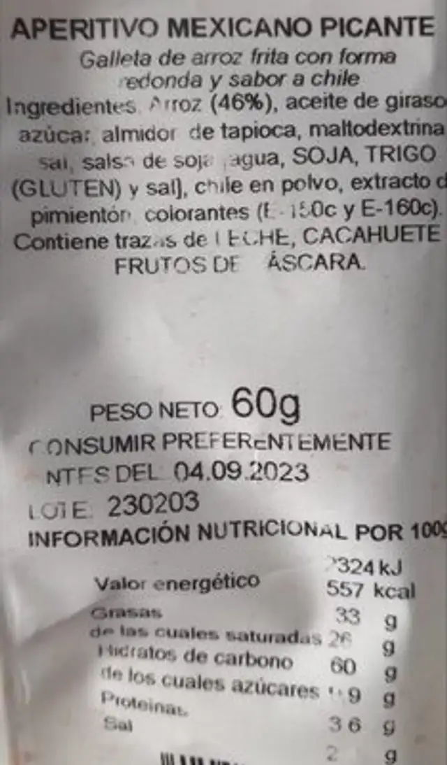 Aperitivo mexicano picante nutrition facts table