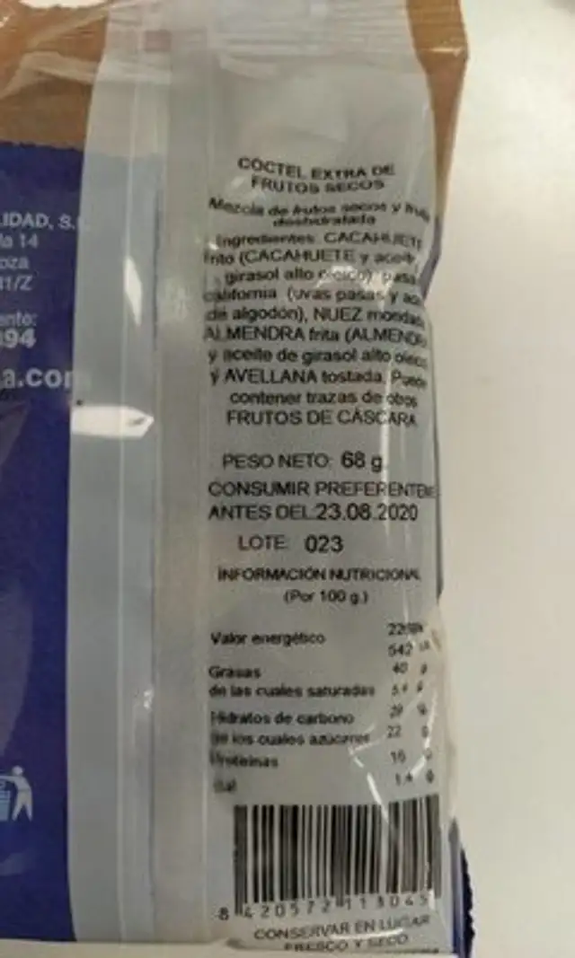 Frutos secos nutrition facts table