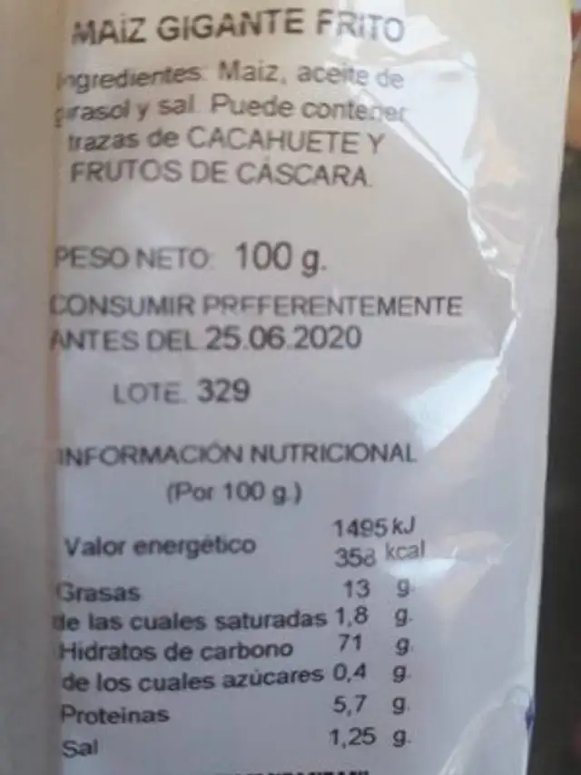 Maiz gigante frito nutrition facts table
