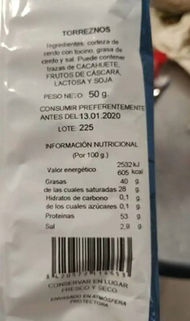 Torreznos nutrition facts table