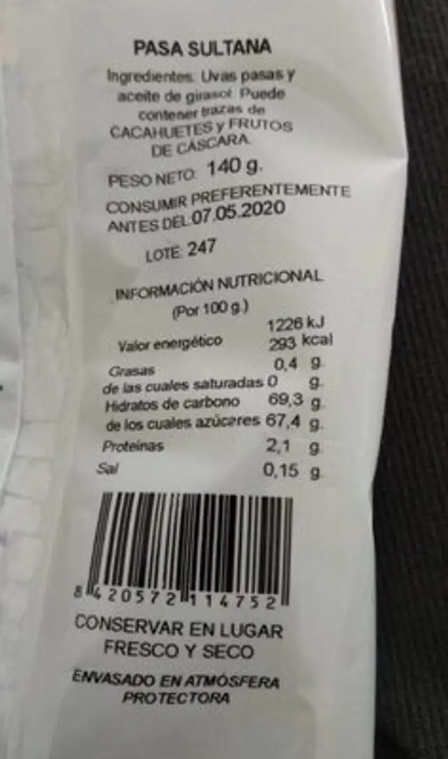 Pasa Sultana nutrition facts table