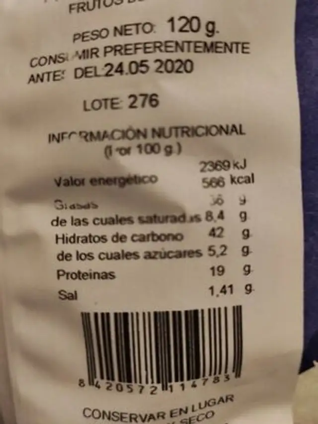 Frutos secos calidad de origen nutrition facts table
