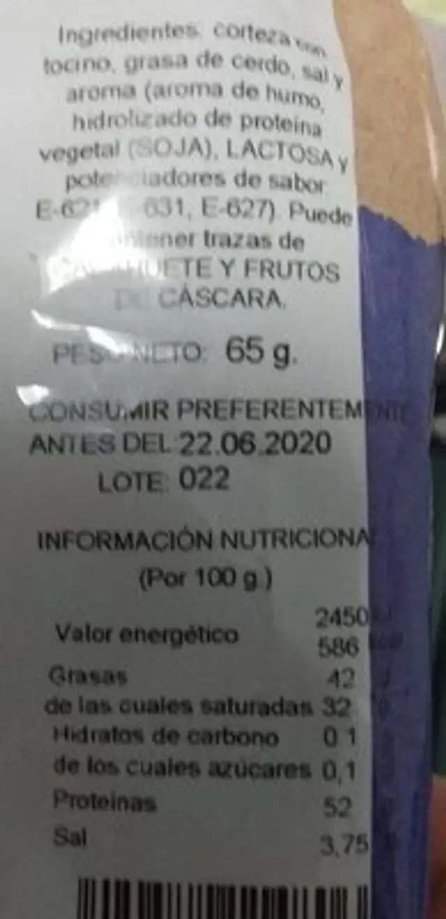 Torreznos nutrition facts table
