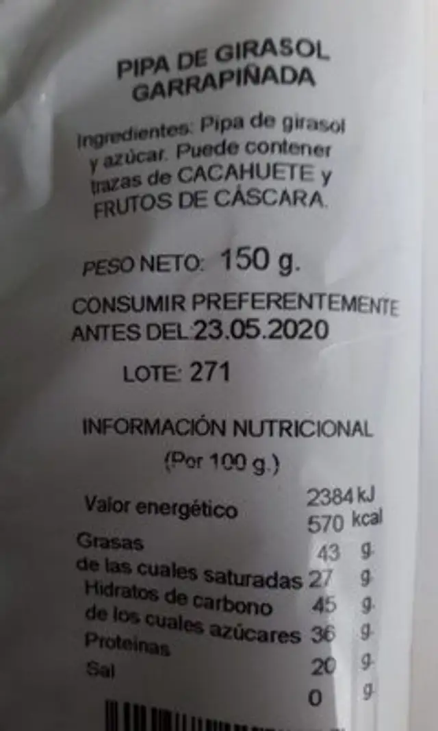 Pipas de girasol nutrition facts table