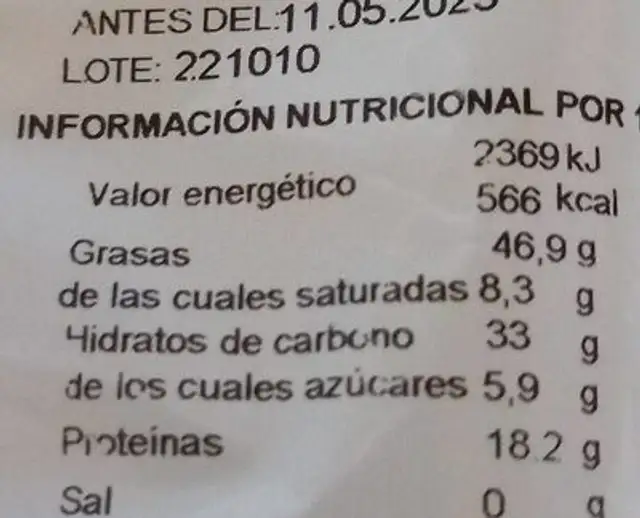 Anacardos al natural nutrition facts table