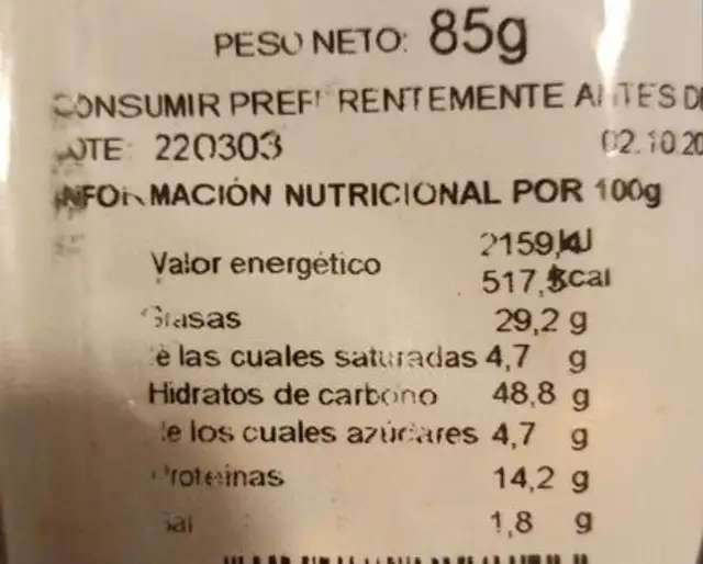Cóctel Chipy nutrition facts table