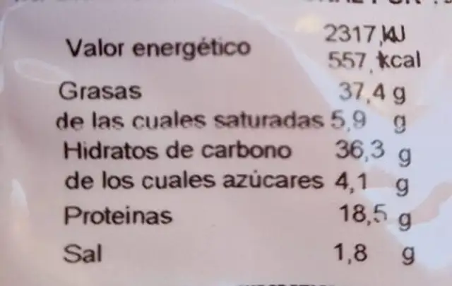 Frutos secos nutrition facts table