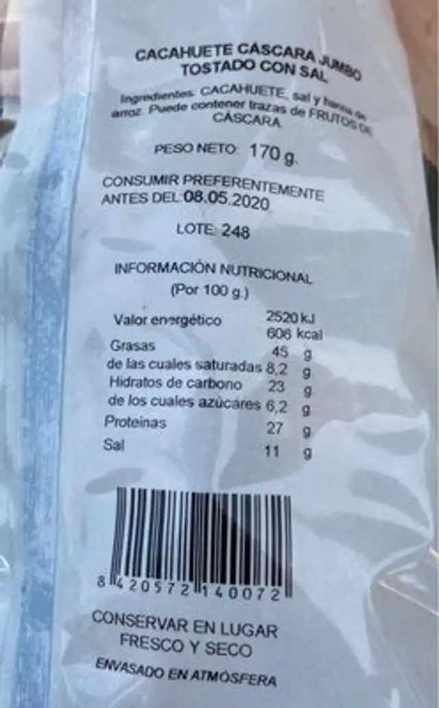 Frutos secos nutrition facts table
