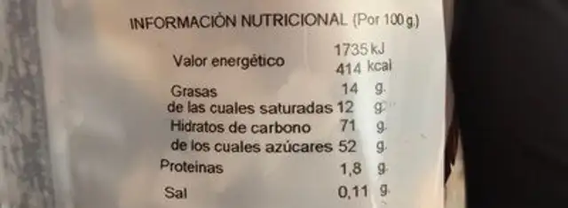 Frutos secos nutrition facts table